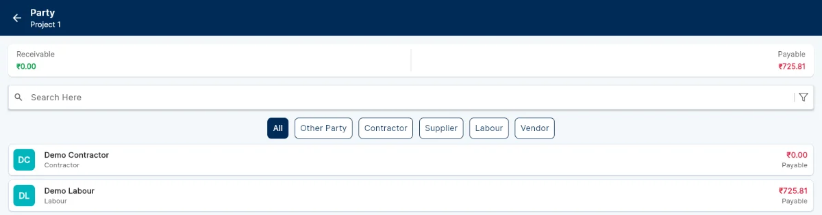 The Party list, with Receivable and Payable totals and a tab per party type.